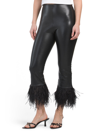 Faux Leather Cropped Pants With Feather Trim for Women | Leather/Viscose/Elastane