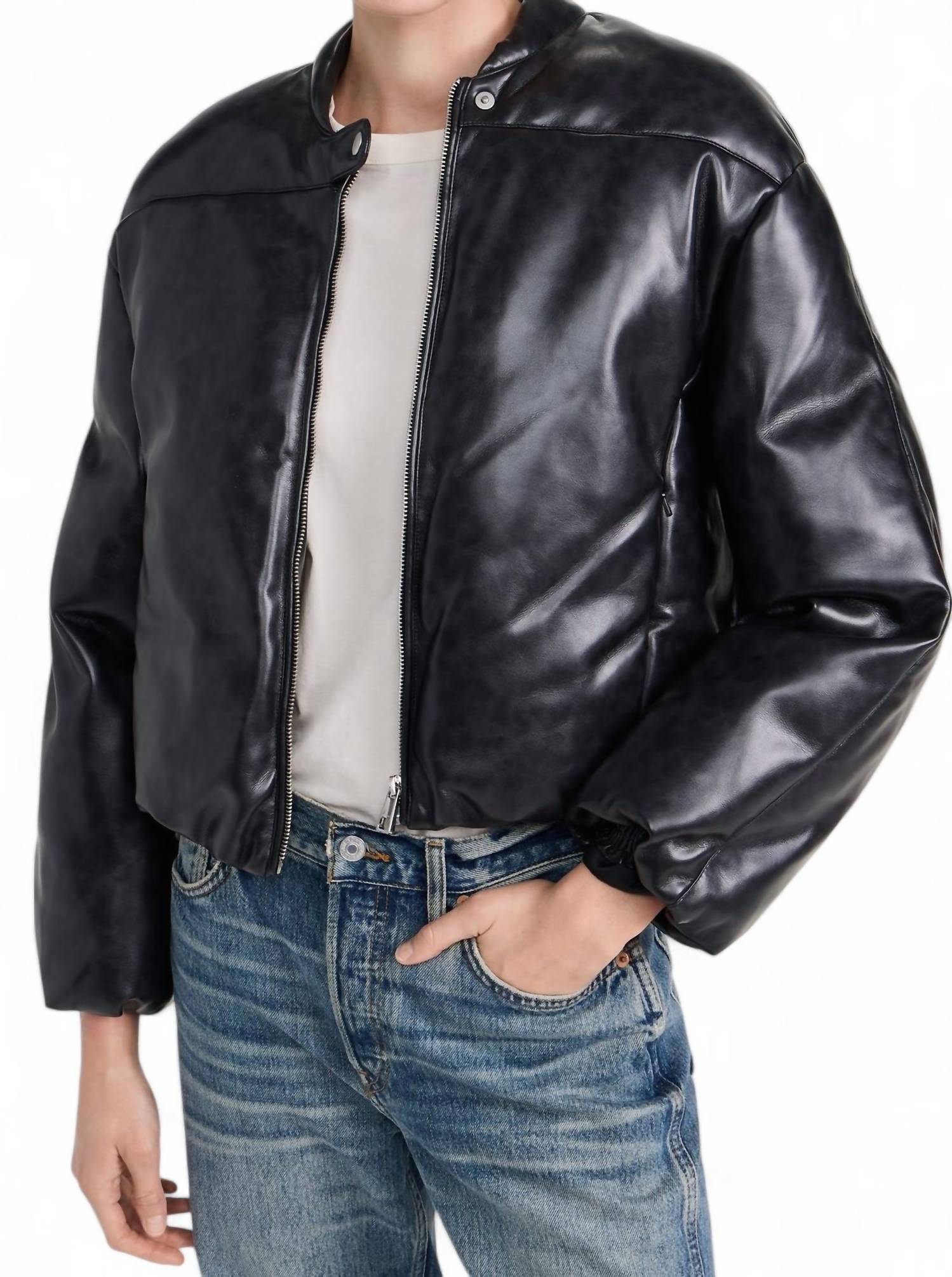 Faux Leather Gigi Padded Cropped Bomber Jacket In Black