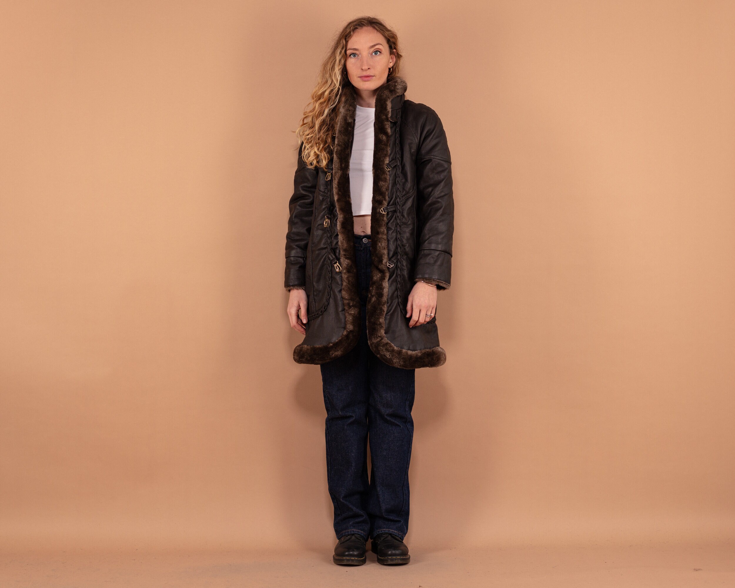 Faux Leather Penny Lane Coat 90's, Size Small, Vintage Sherpa Lined Winter Coat, Dark Brown Shearling Outerwear, Vegan Sheepskin