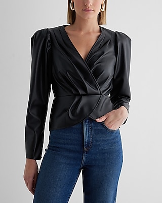 Faux Leather Puff Shoulder Draped Faux Wrap Peplum Top