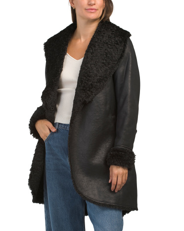 Faux Leather Sherpa Lined Wrap Coat for Women | Polyester/Leather