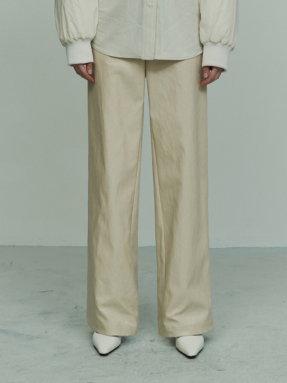 Faux Leather Wide leg Trousers_Beige