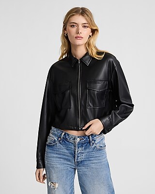 Faux Leather Zip Front Cropped Shacket