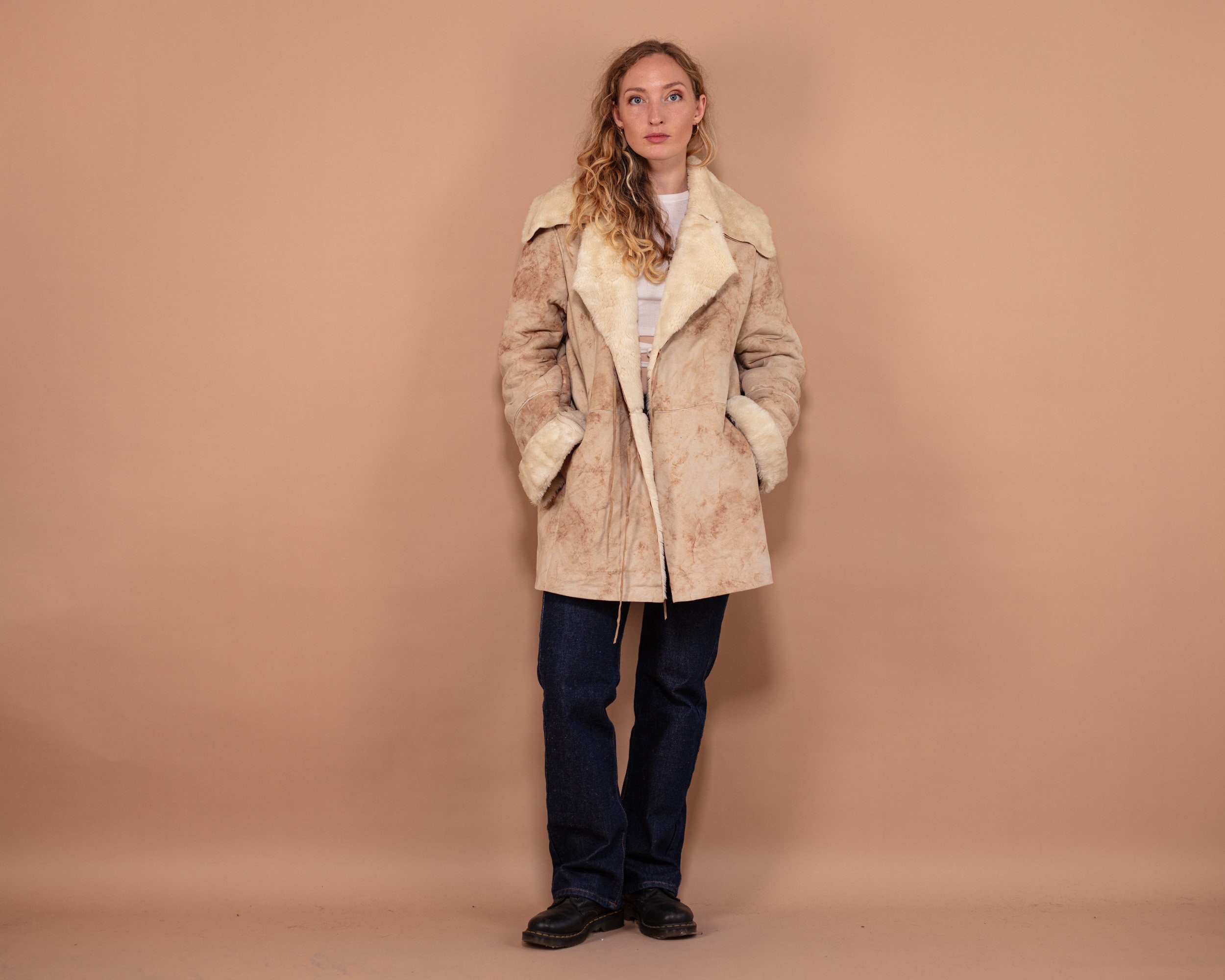 Faux Shearling Coat 90's, Size L Beige Sheepskin Coat, Sherpa Afghan Cruelty Free Sustainable Vintage Clothing, Pre-Owned