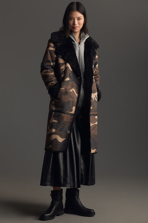 Faux-Shearling Double-Breasted Long Coat Jacket