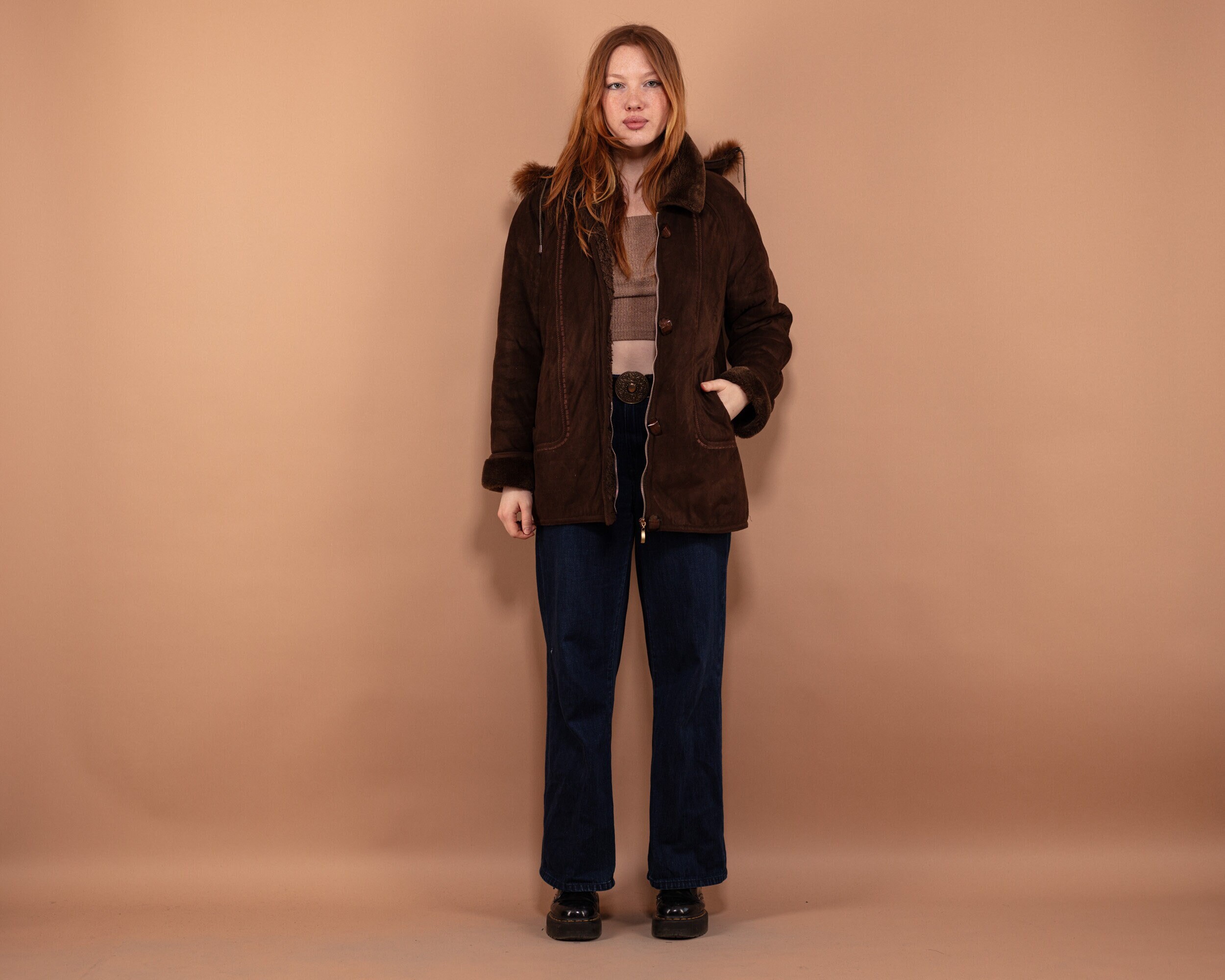 Faux Sheepskin Coat 90S, Size L Brown Shearling Coat, Sherpa Trim Afghan Cruelty Free Sustainable Vintage Clothing