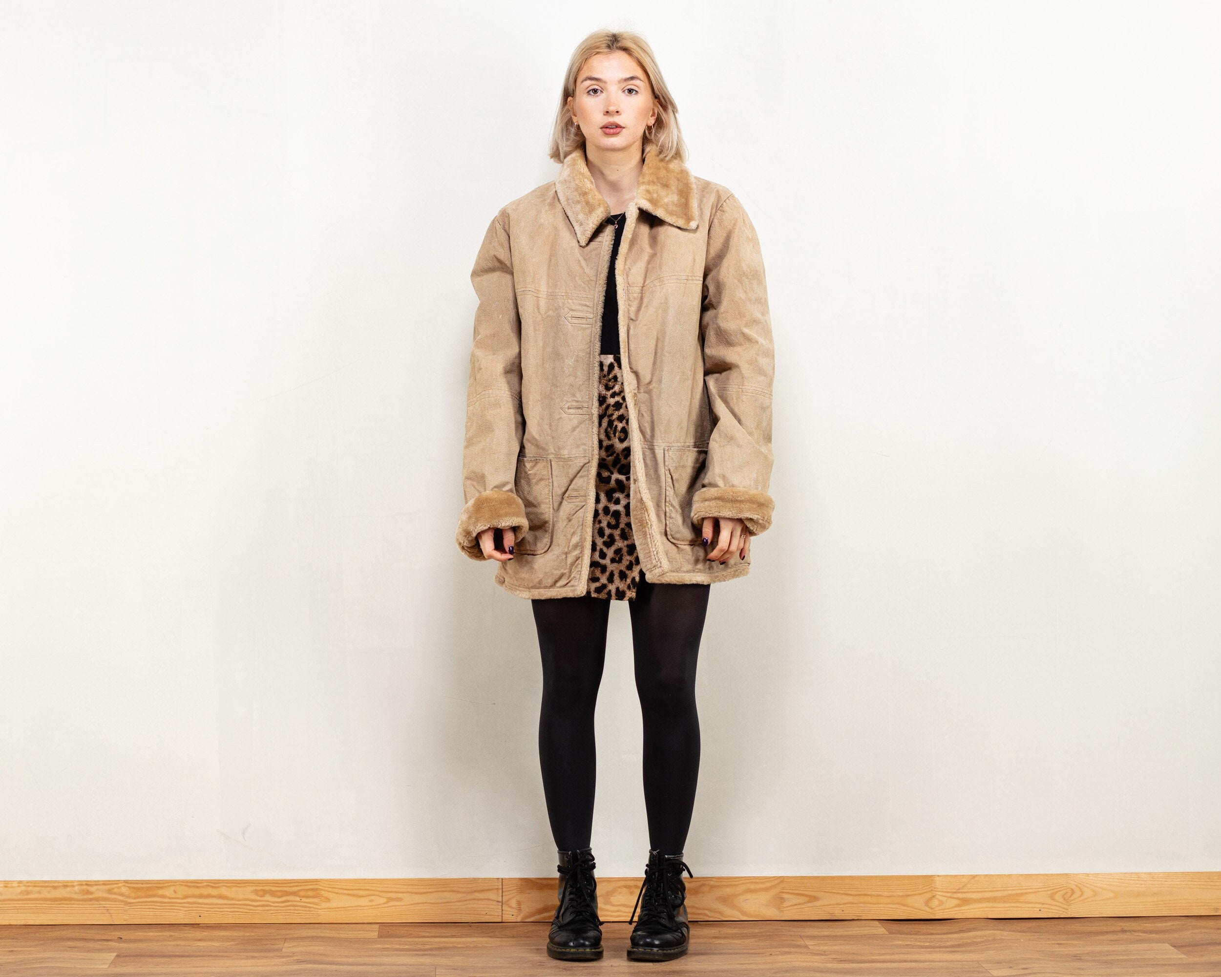 Faux Sheepskin Coat Women Beige Suede Fake Shearling Sherpa Coat Winter Warm Parka Outerwear Boho Western Size Medium