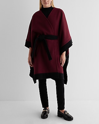 Faux Wool Color Block Belted Cape Coat Red Women's XS/S