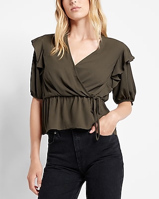 Faux Wrap Puff Sleeve Peplum Top Green Women's XXS