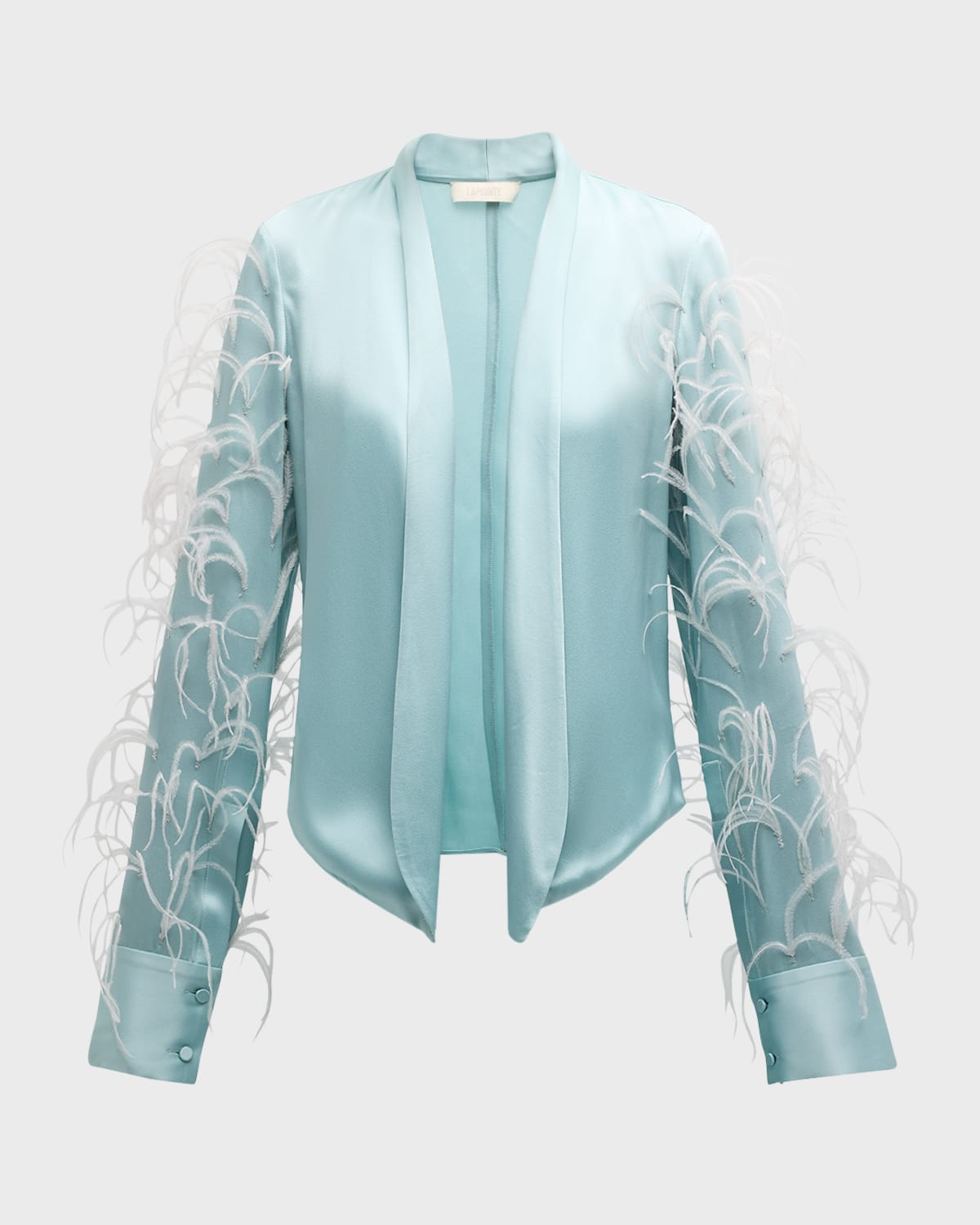 Feather-Trim Soft Doubleface Satin Open Blazer