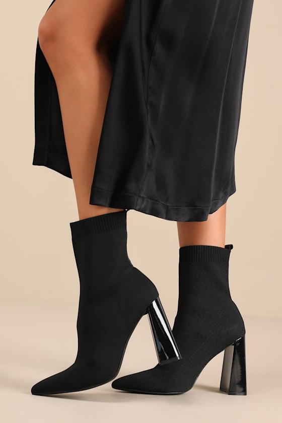 Feliciaa Black Ribbed Knit Pointed-Toe Sock Boots