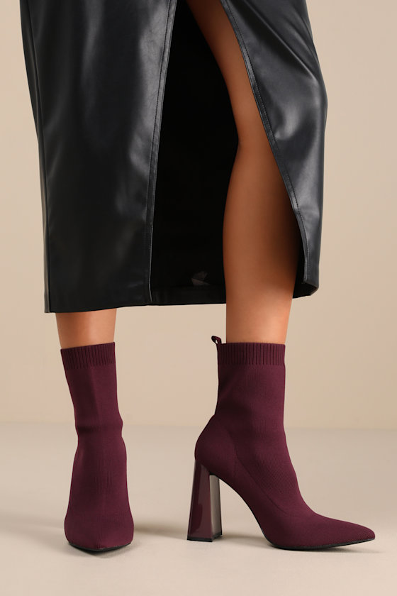 Feliciaa Wine Ribbed Knit Pointed-Toe Sock Boots