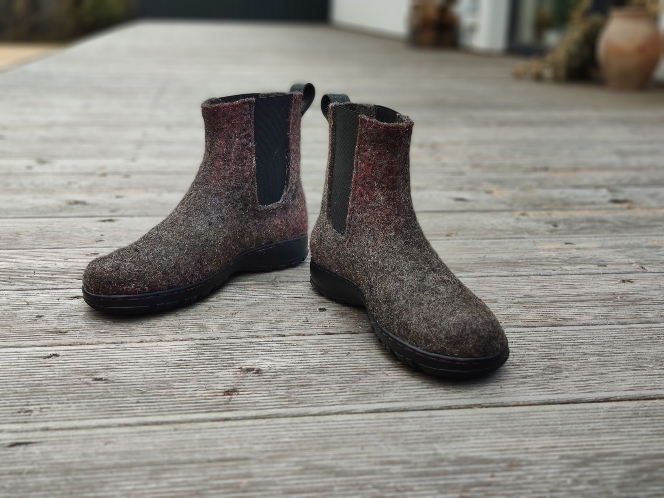 Felted Chelsea Boots With Rubber Soles & Reinforced Toe Counter, Upcycled Leather Lined Insole