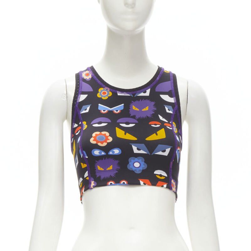 Fendi Activewear Monster Bug Eye Black Graphic Print Perforated Crop Top, Women's