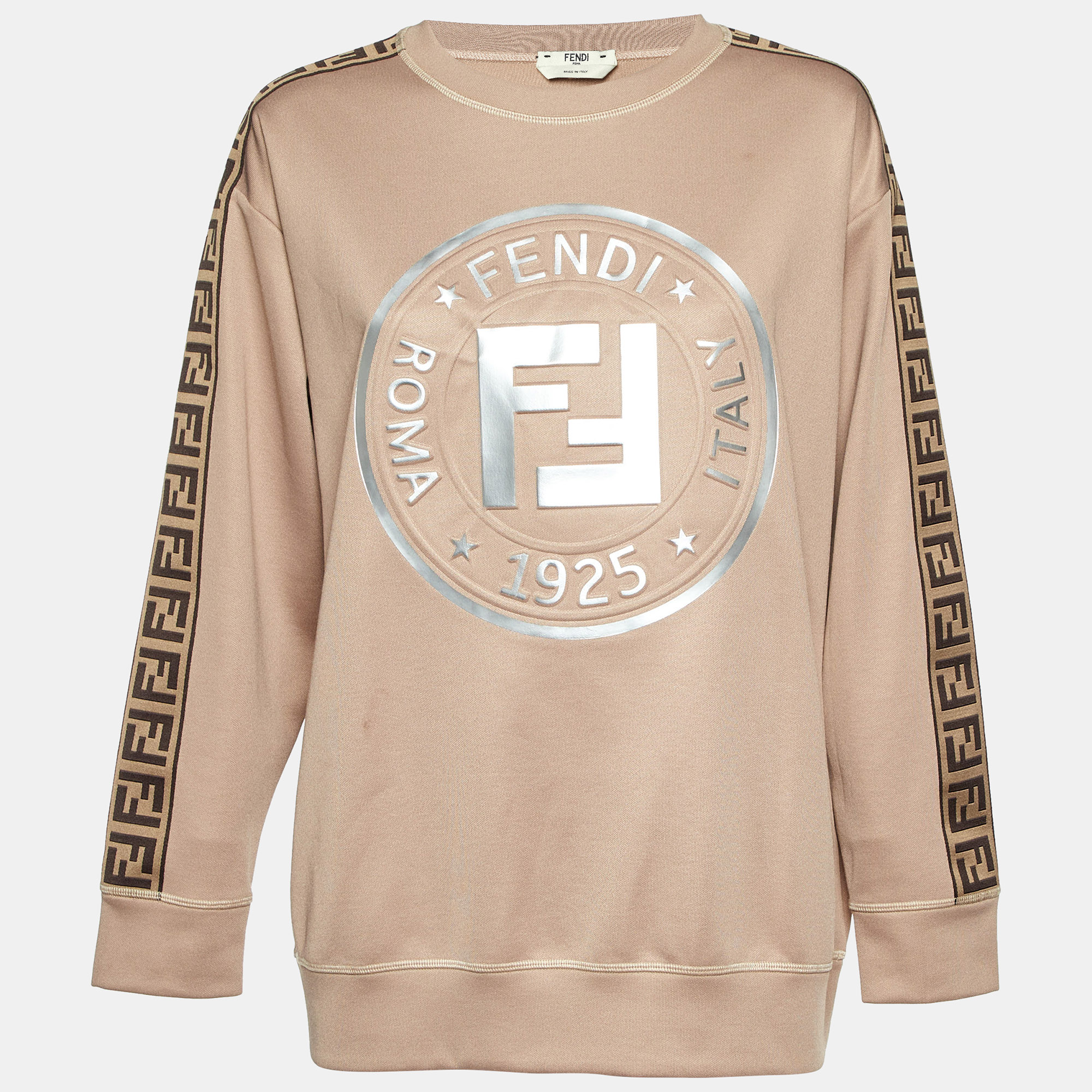 Fendi Beige Logo Embossed Jersey Crew Neck Sweatshirt S