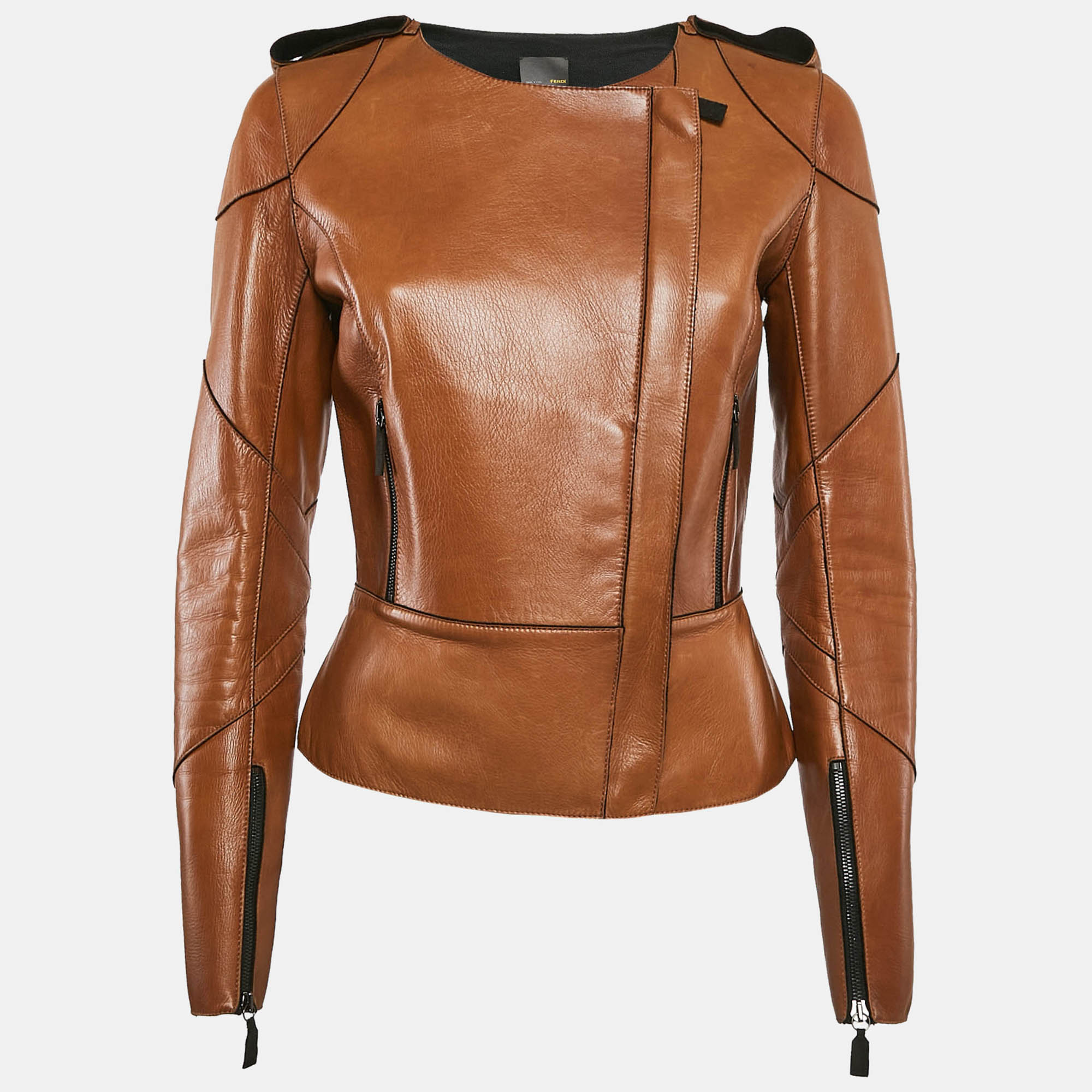 Fendi Brown Leather Zip-Up Jacket M