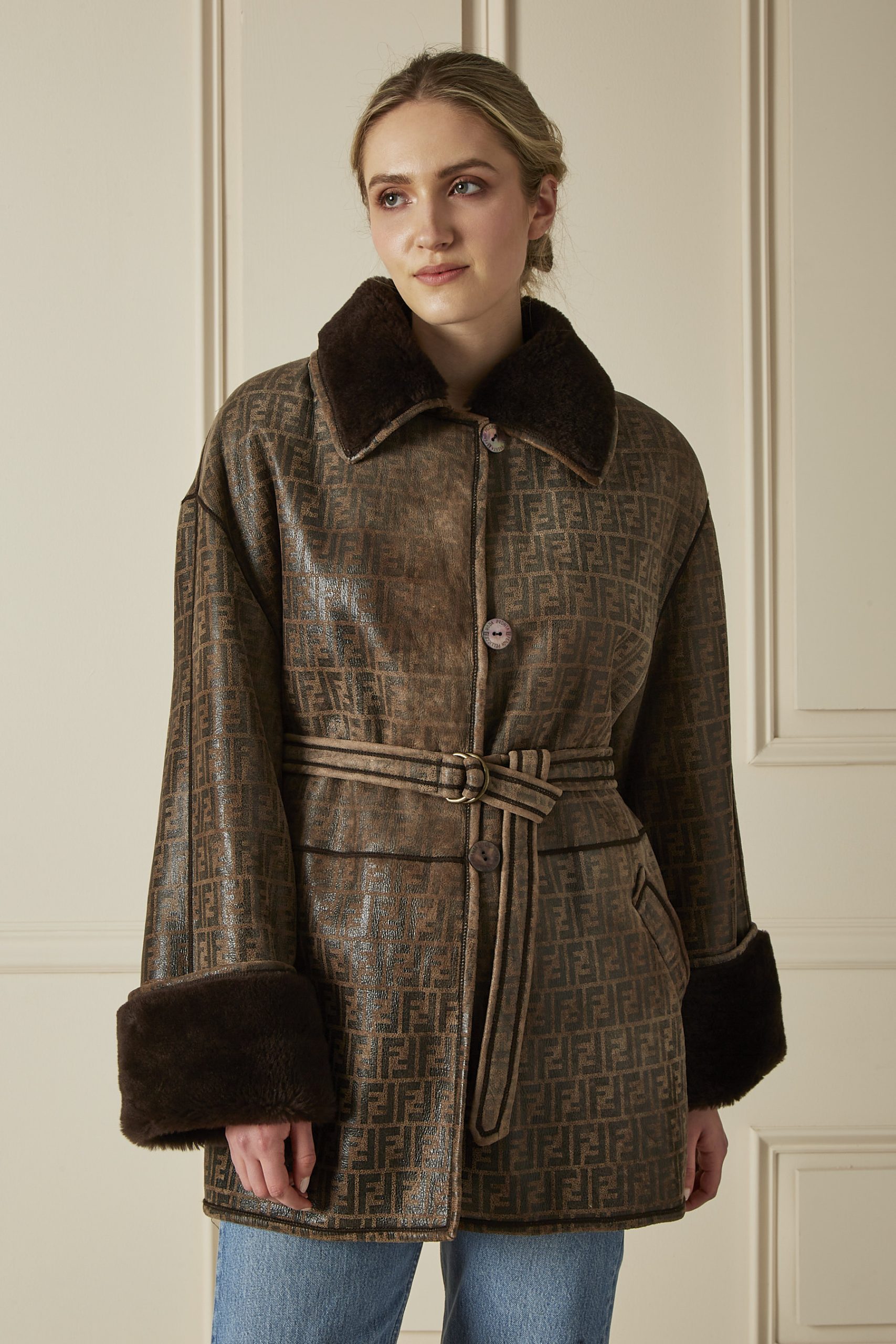 Fendi - Brown Zucca Shearling Belted Coat