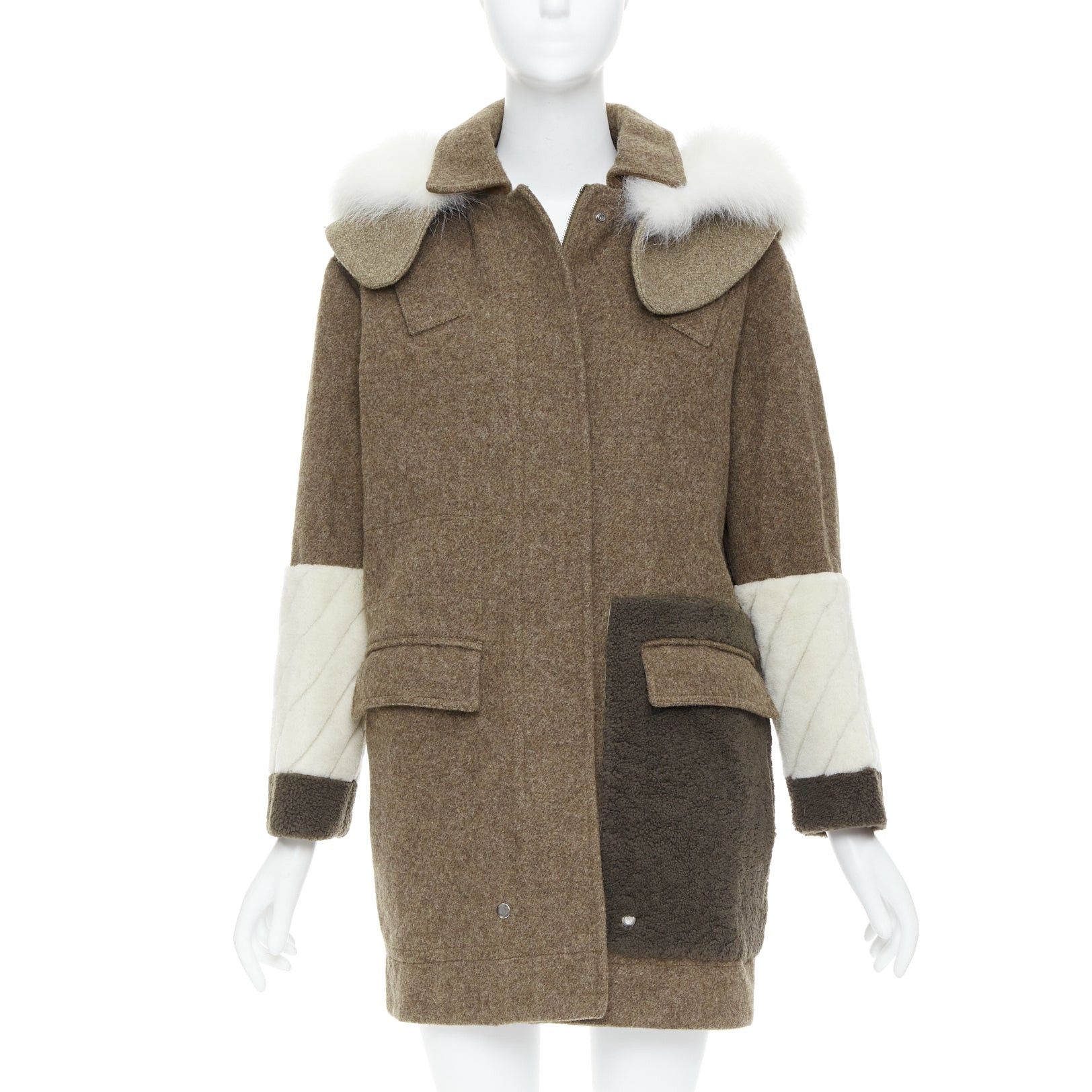 Fendi Colorblocked Brown Wool Patchwork Fur Hooded Parka Coat It38 Xs, Women's