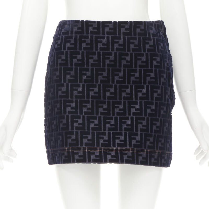 Fendi Ff Zucca Monogram Velvet Flocking Mini Denim Skirt S in Blue, Women's (Size 26)