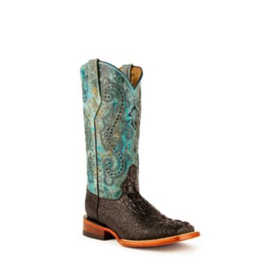 Ferrini Women's Print Caiman S-Toe Western Cowboy Boots, Black/Turquoise