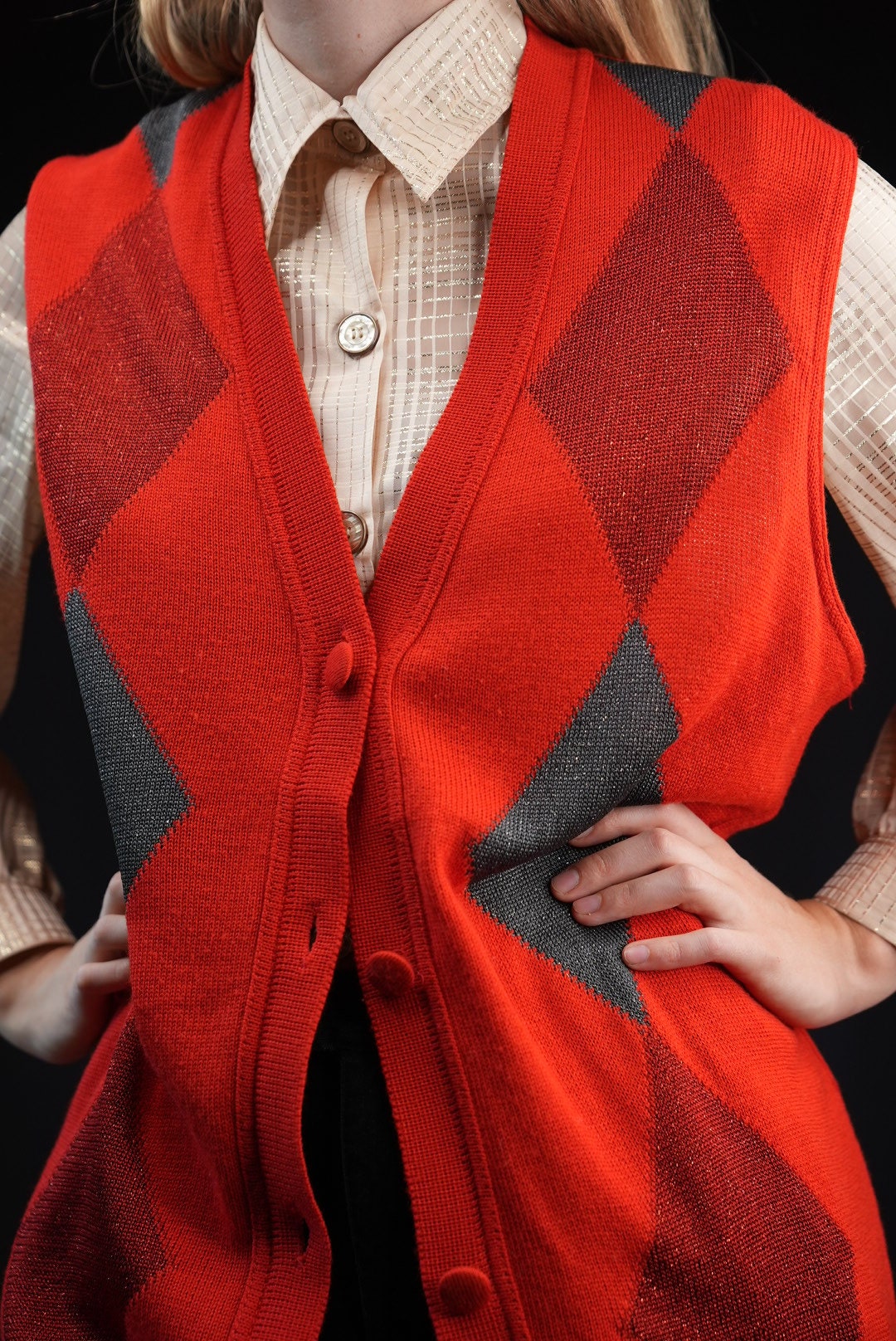 Festive Vintage Gilet in Red With Glitter Rhomboid Pattern