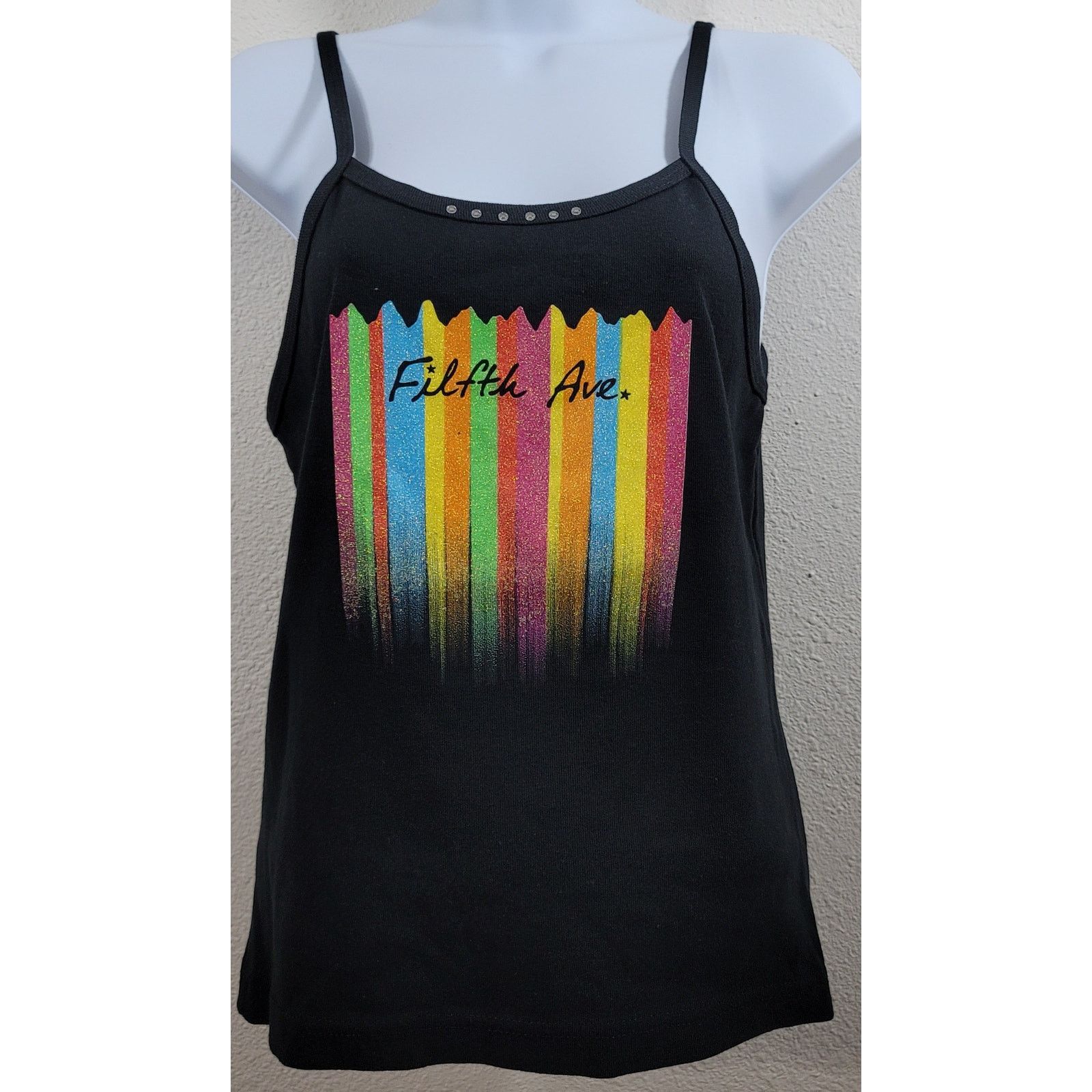 Filth Ave Rainbow Glitter Graphic Tank Top L Rhinestone NWOT in Black, Women's (Size Large)