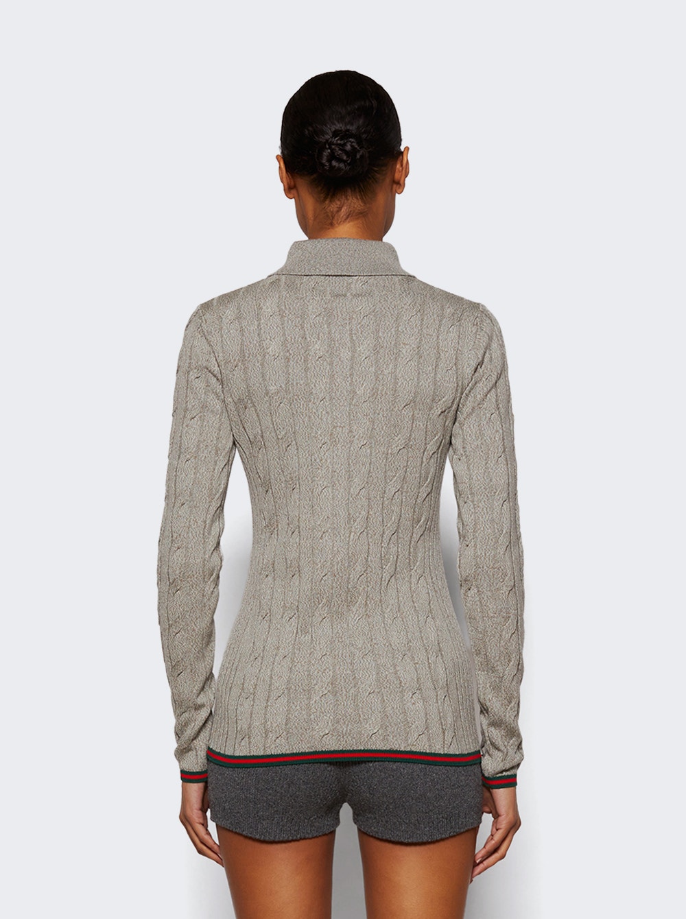 Fine Cable And Rib Wool Polo Top Dove Grey