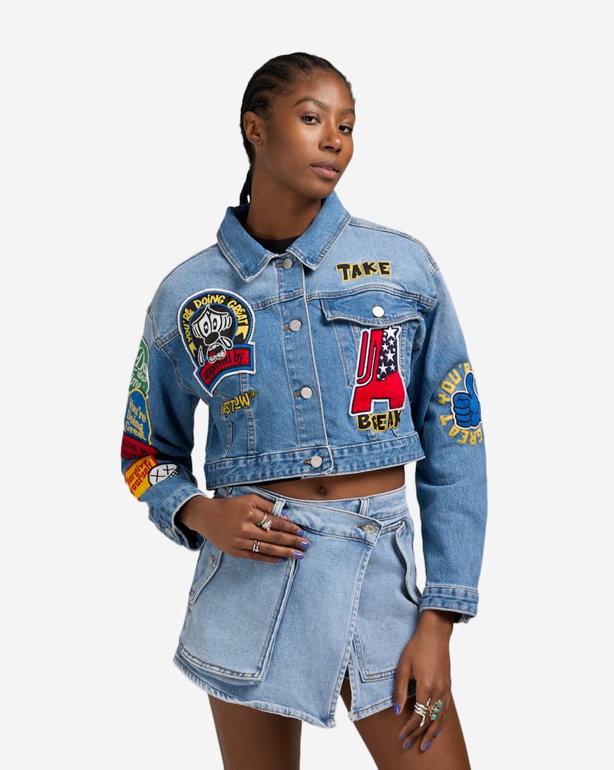 First Row Women's Denim Varsity Crop Jacket