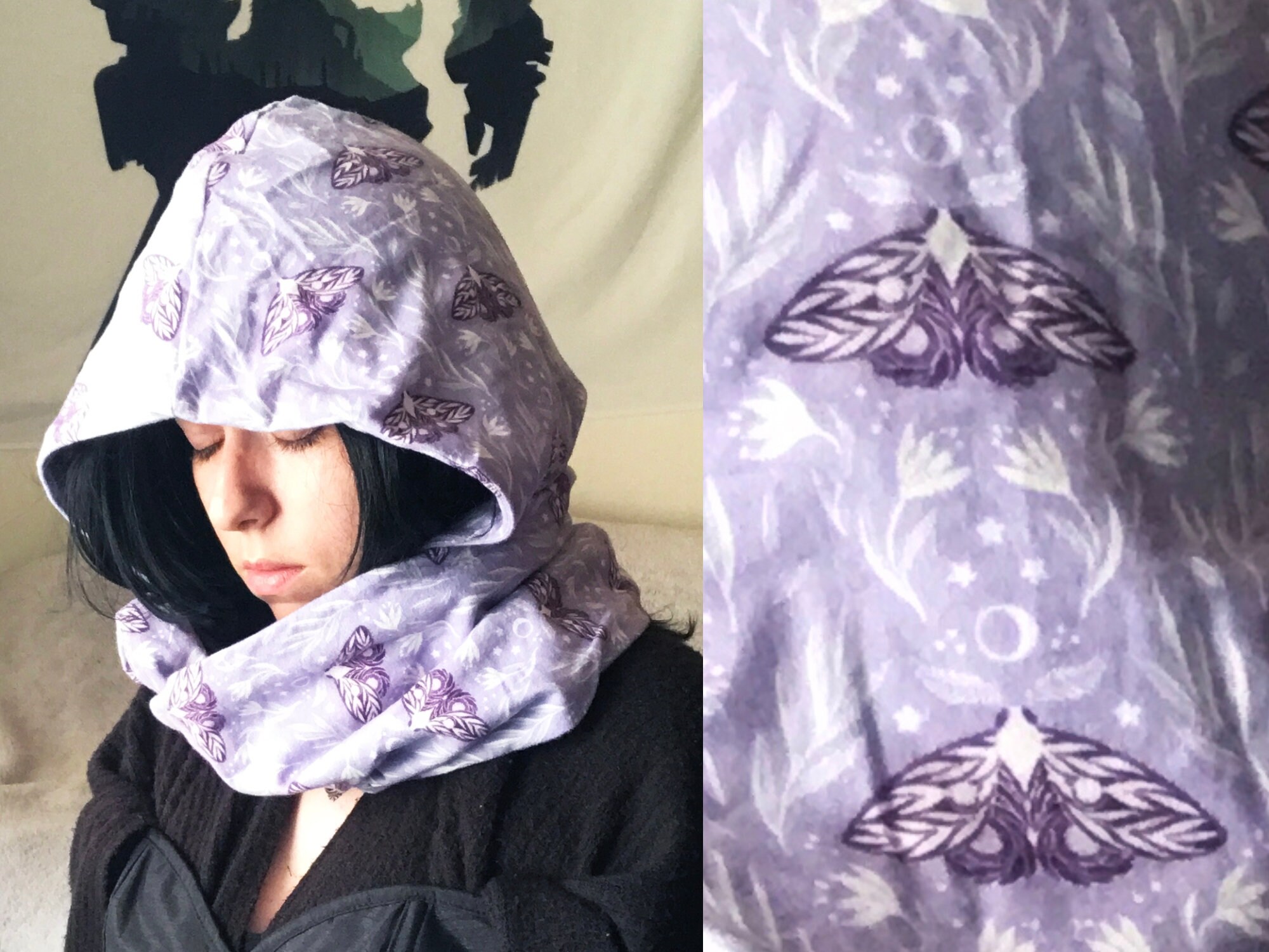 Flannel Cowl Scarf | Lavender Lunar Moth Infinity Scarves Entomology Hooded Head Wrap Hoodie Pastel Goth Kawaii Neck Warmer Snood