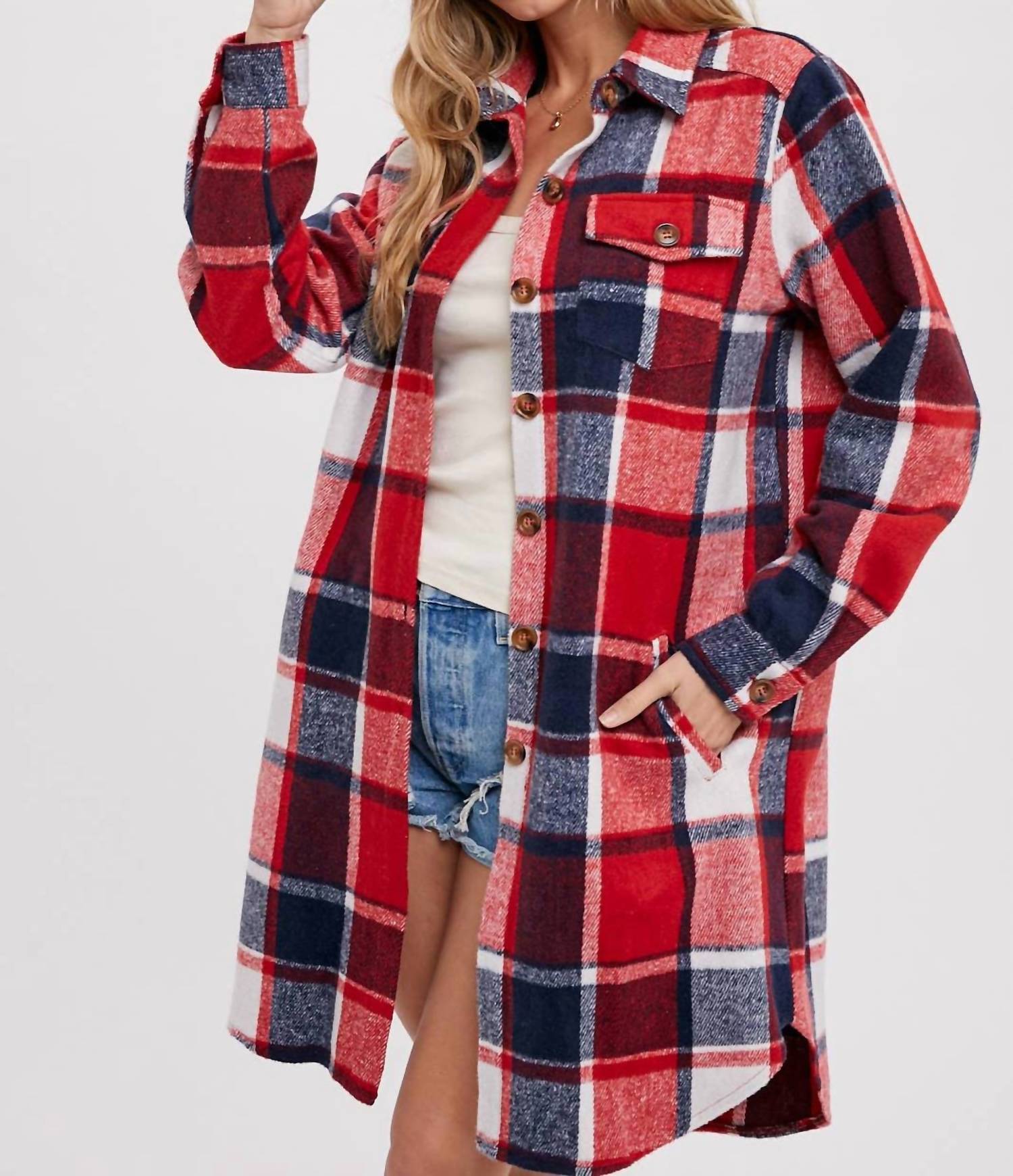 Flannel Plaid Longline Shacket In Red/navy