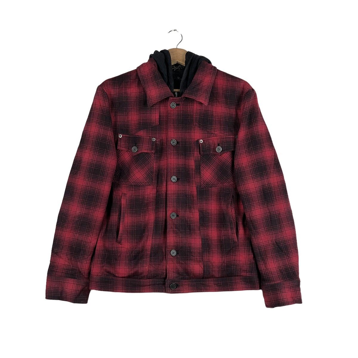 Flannel Vintage Punk Style Plaid Hooded Shacket in Red, Women's (Size Medium)