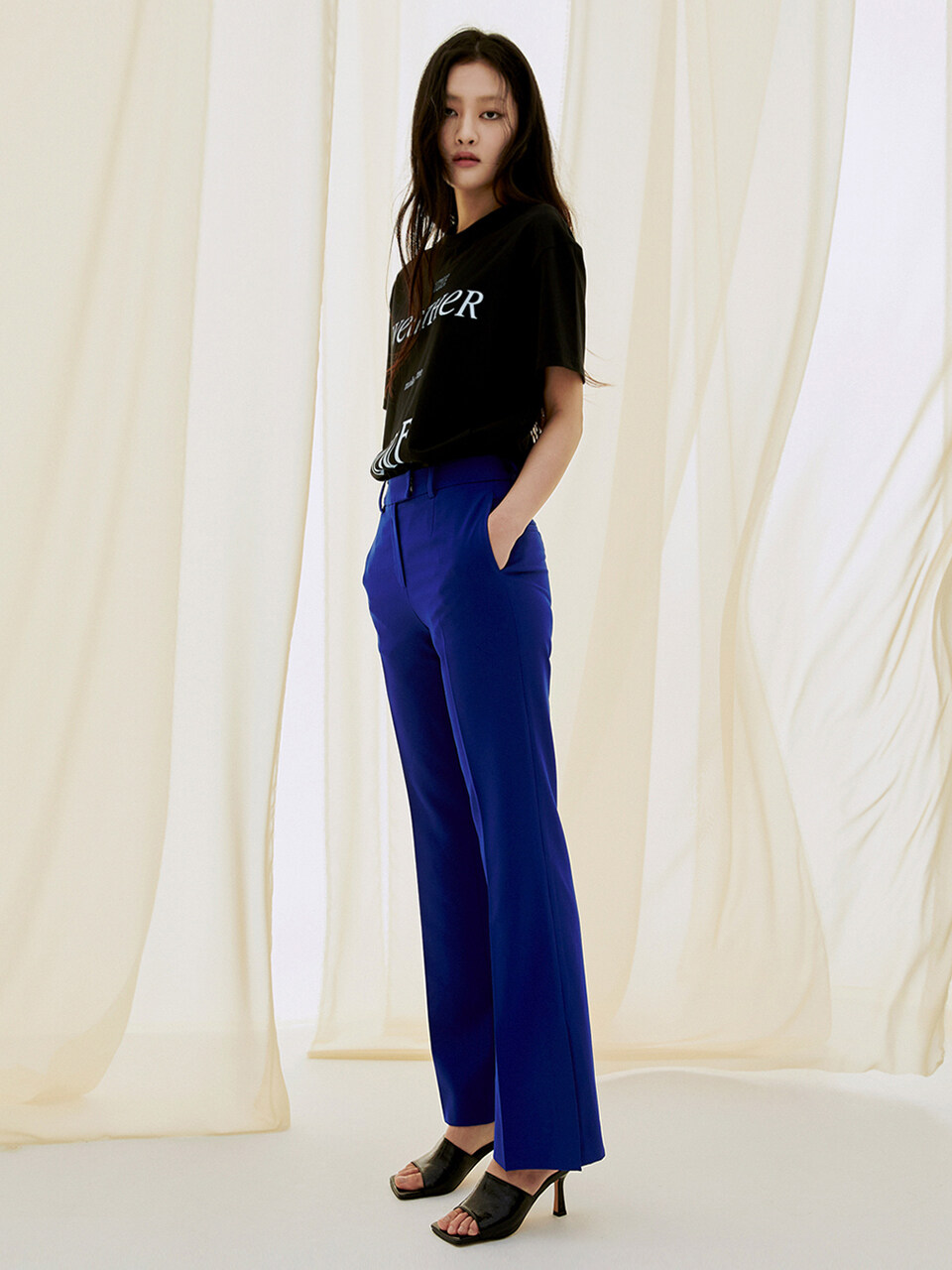 Flared Elastic Slit Pants - Blue