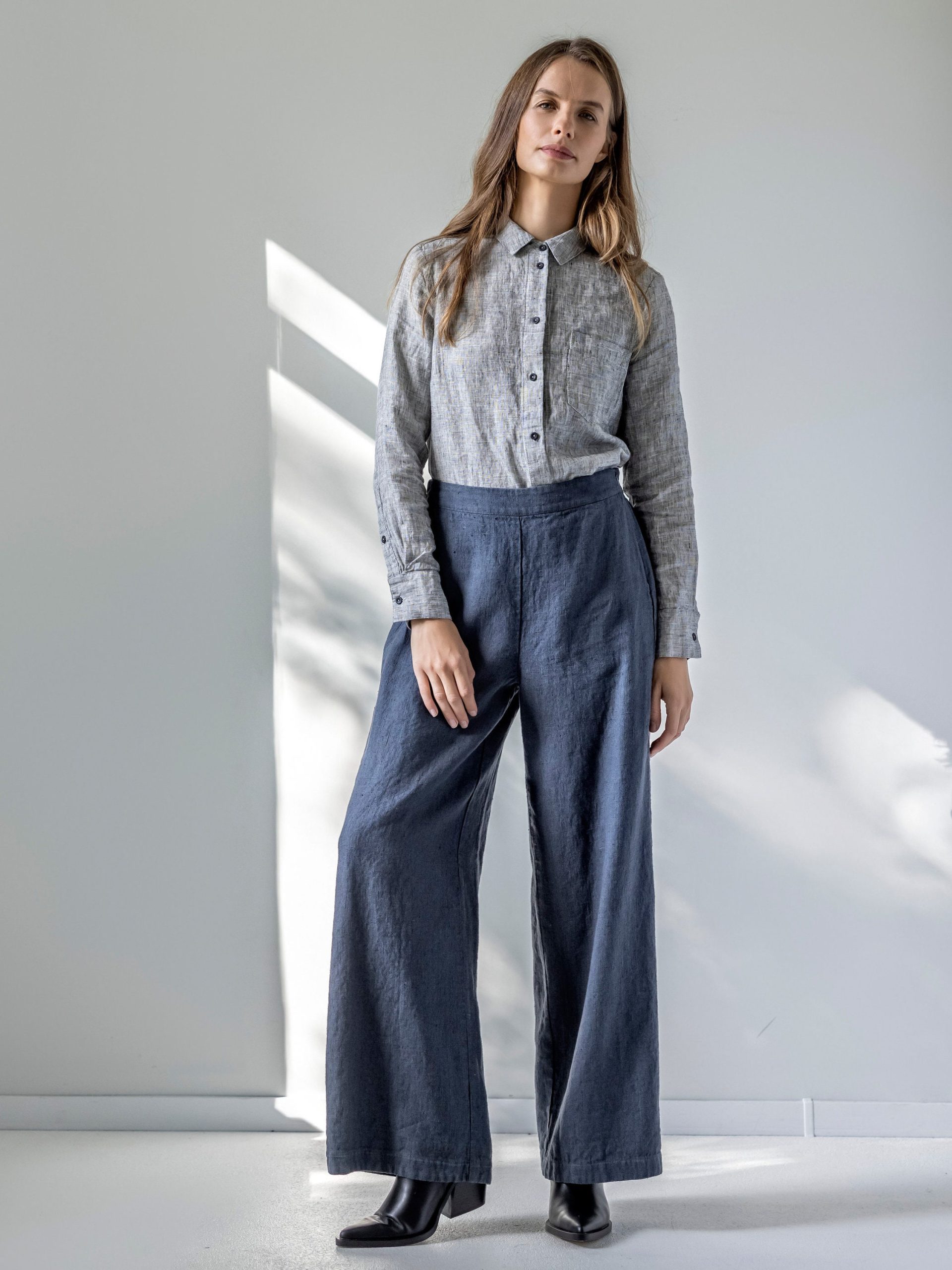 Flared Heavy Linen Pants, Wide Leg Trousers, High Waisted Long Trousers For Women Rho