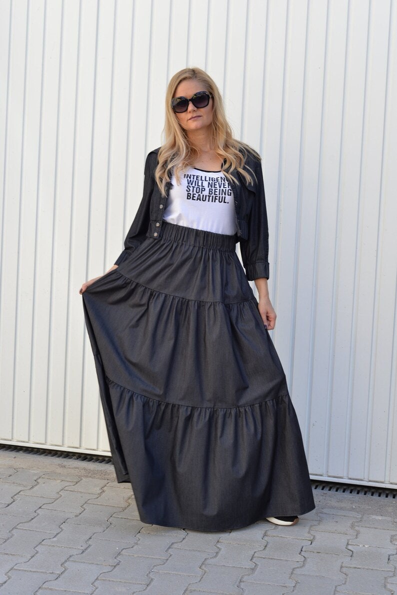 Flared Maxi Skirt, Casual High Waist Denim Comfy Plus Size Clothing, Black Long Relaxed Skirt