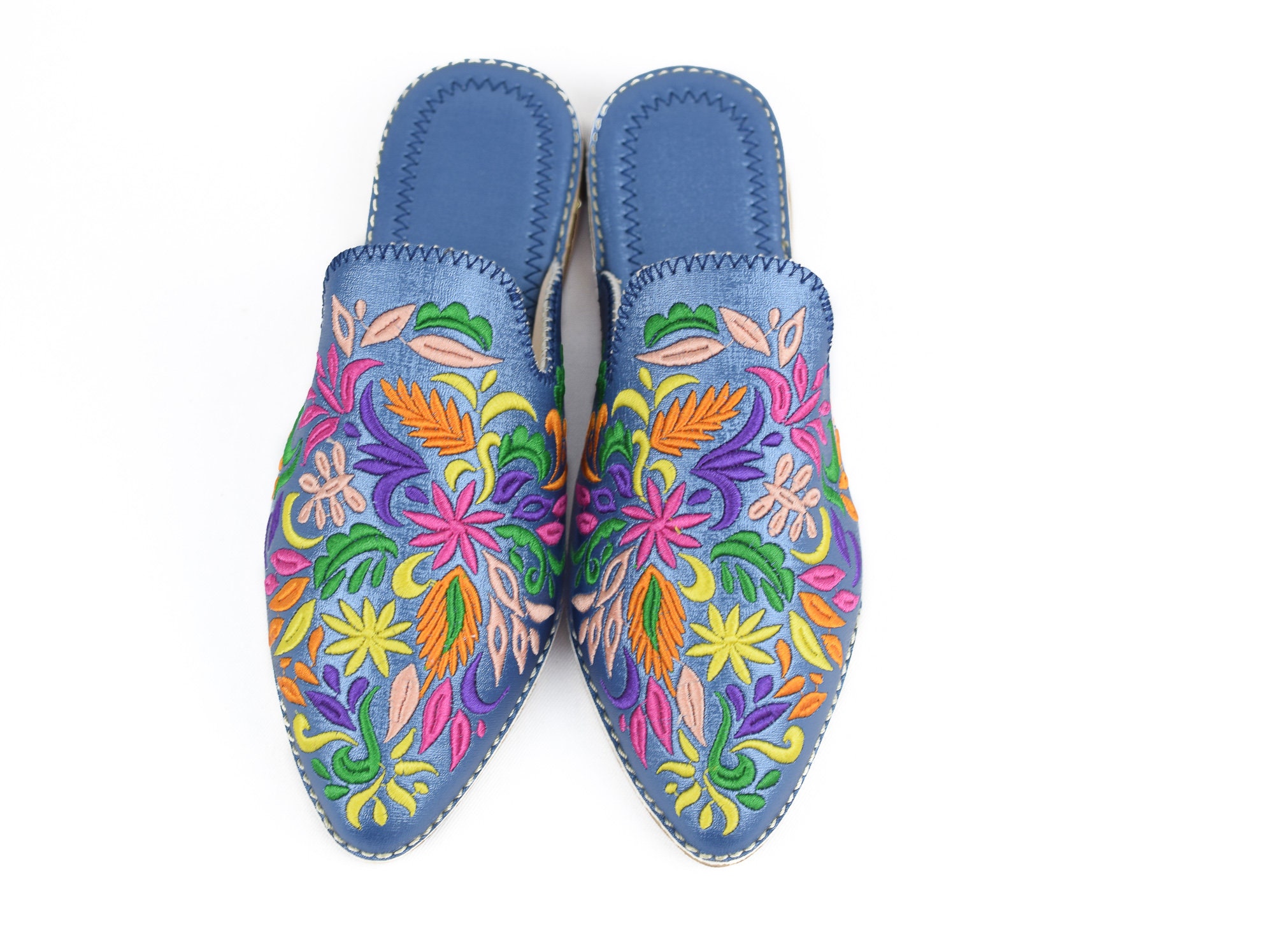 Flat Mules, Leather Pointed Toe Mules, Backless Loafers, Embroidered Slippers, Low Heels, Moroccan Flower Slippers