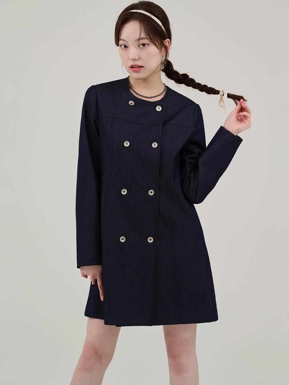 Fleece-Back Midi Denim Jacket [Dark Blue]