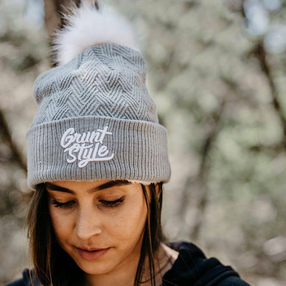 Fleece Lined Pom-Pom Beanie - Light Grey