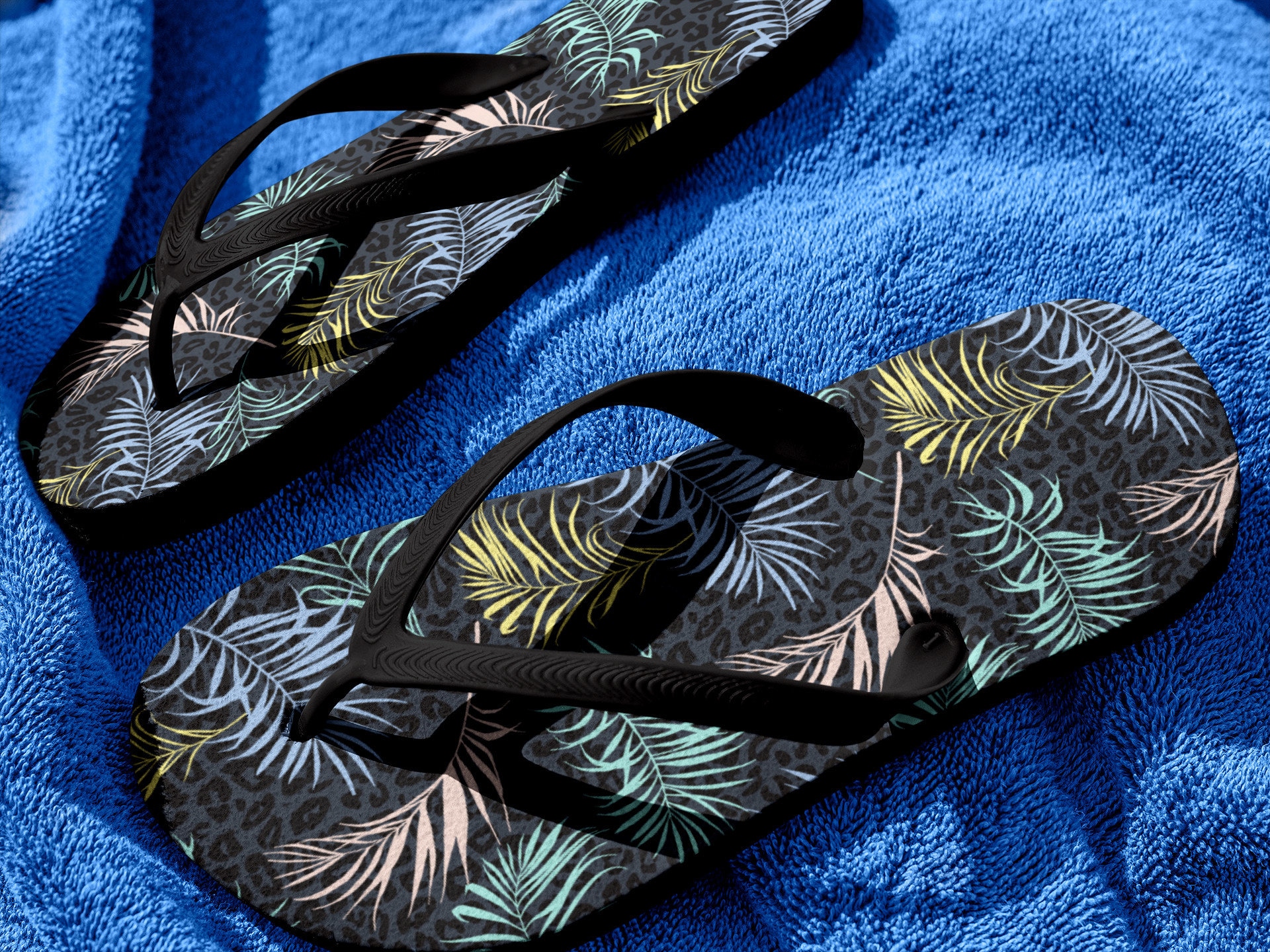 Flip-Flops. All Sizes. Beach Essentials. Palm Leaves