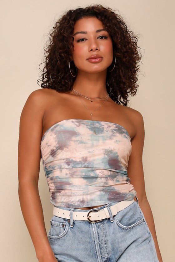 Flirty Focus Beige Abstract Print Mesh Strapless Crop Top