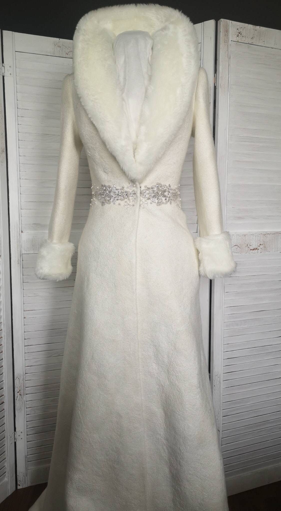 Floor Lenght Wedding Coat For Winter Dress With Faux Fur, Long White Wool Coat, Wool Princess