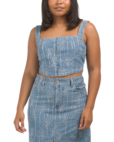 Floral Embroidered Denim Corset Top for Women | Polyester/Cotton/Viscose