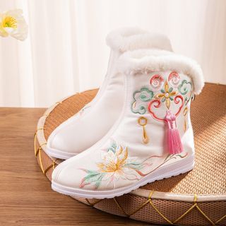 Floral Embroidered Fluffy-Lined Hidden Wedge Short Boots