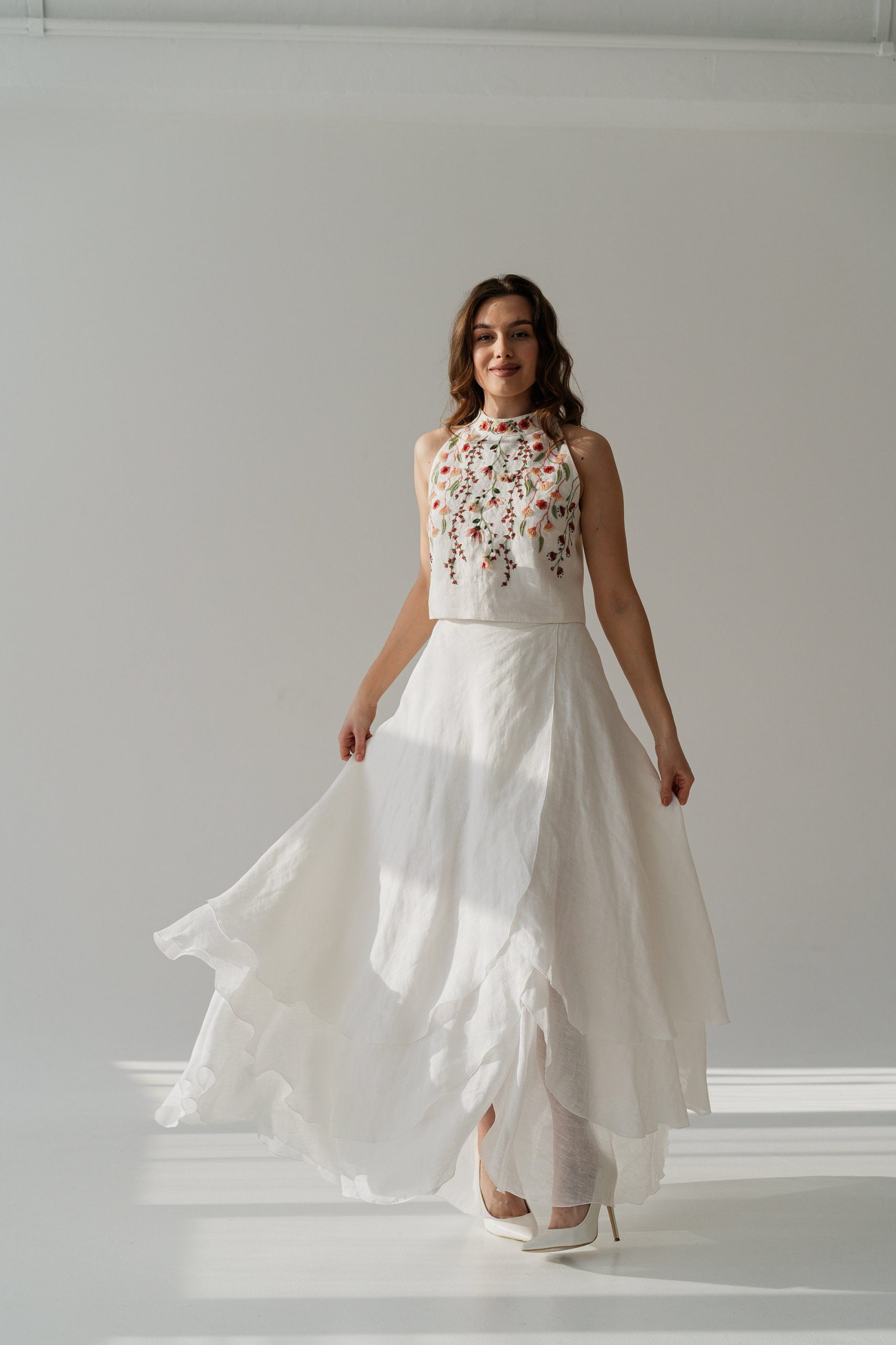 Floral Embroidered Wedding Dress, High Low Linen Two Piece Separates Top & Asymmetrical Skirt