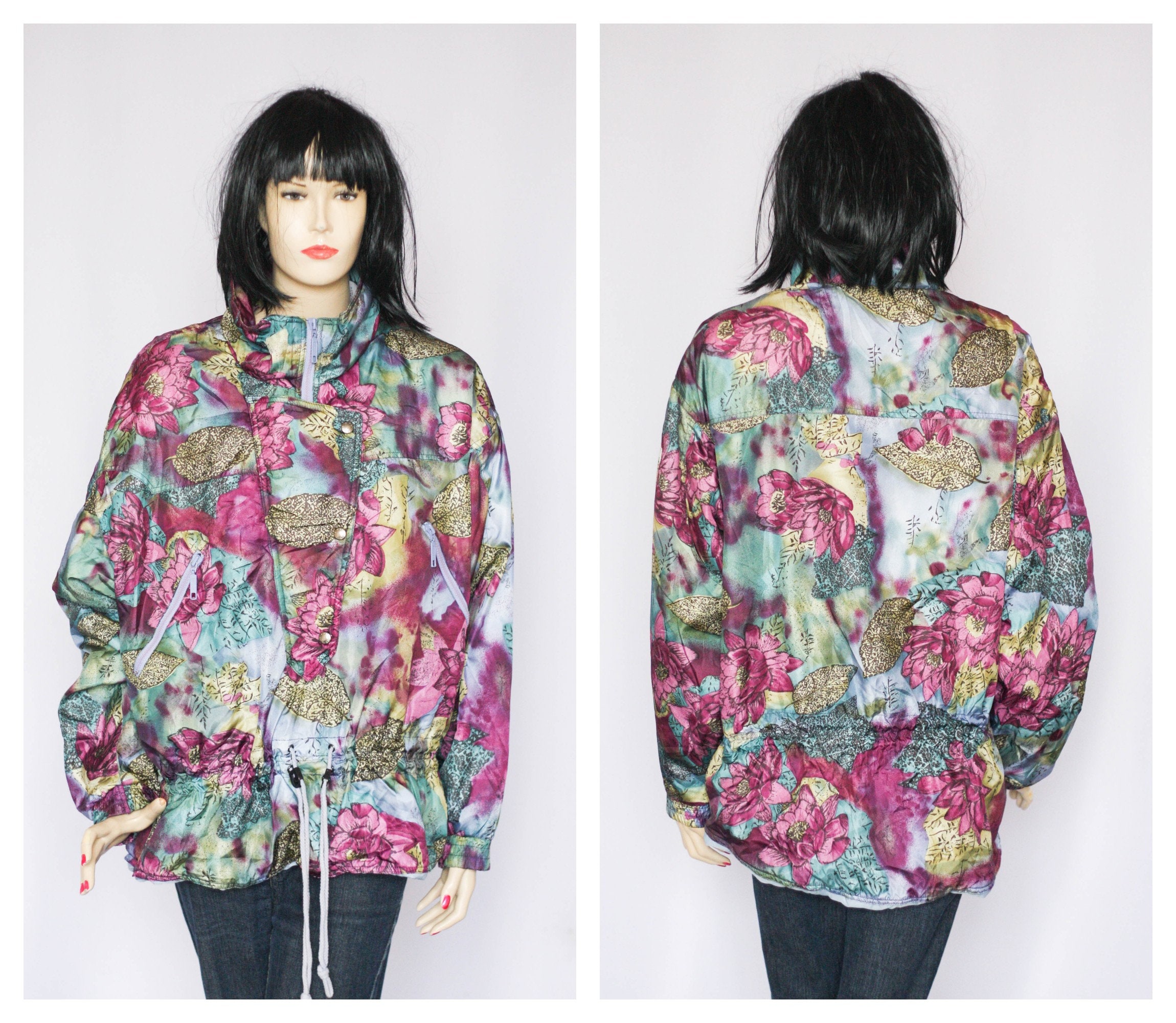 Floral Jacket Vintage Windbreaker Sport Oversized Coat Loose Raincoat Wear Spring Clothing Womens 90S Rainbow
