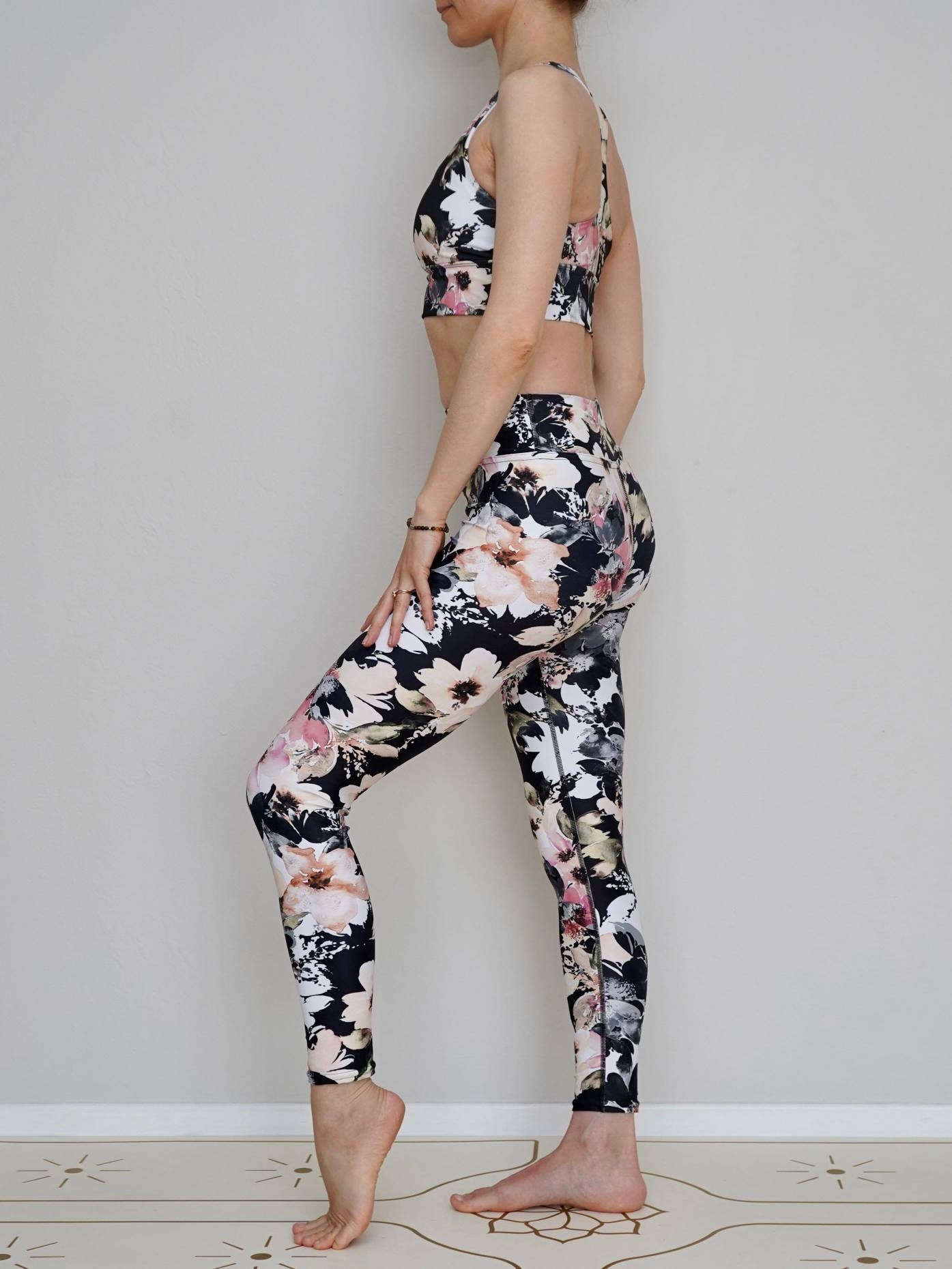 Floral Leggings Midnight Bouquet, Black & White Yoga Pants, Stretchy High-Waisted Activewear