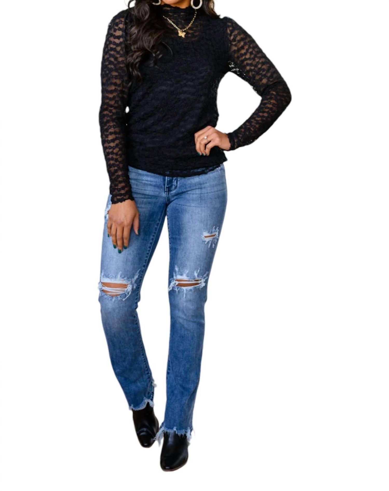 Floral Mesh Long Sleeve Top In Black