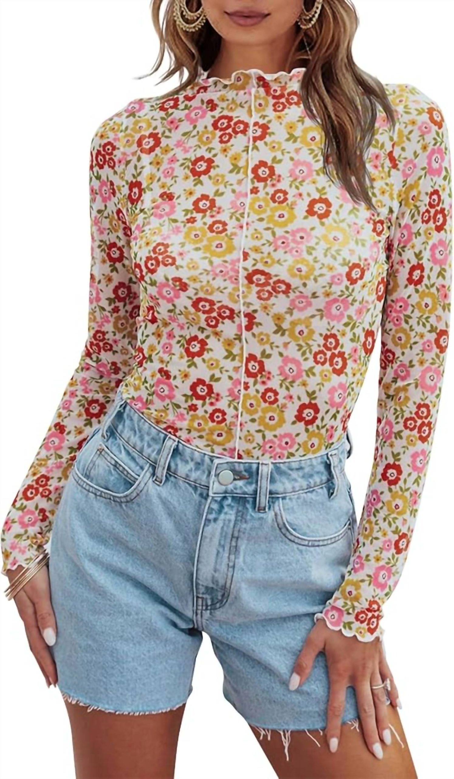 Floral Mesh Long Sleeve Top In Ivory/pink