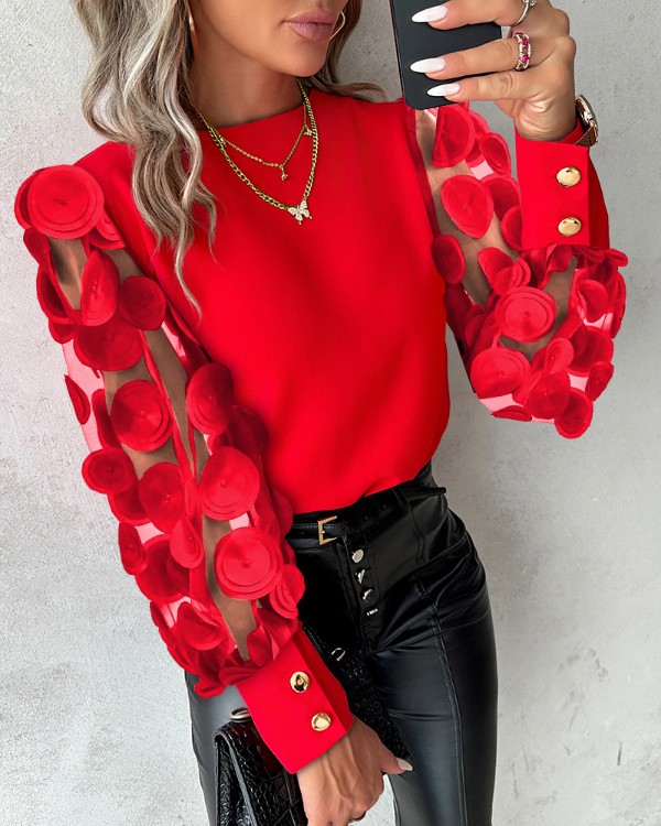 Floral Pattern Long Sleeve See Through Sheer Mesh Tops Pullover Tee Shirt