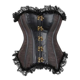 Floral Patterned Ruffle Lace Trim Panel Faux Leather Tube Corset Top