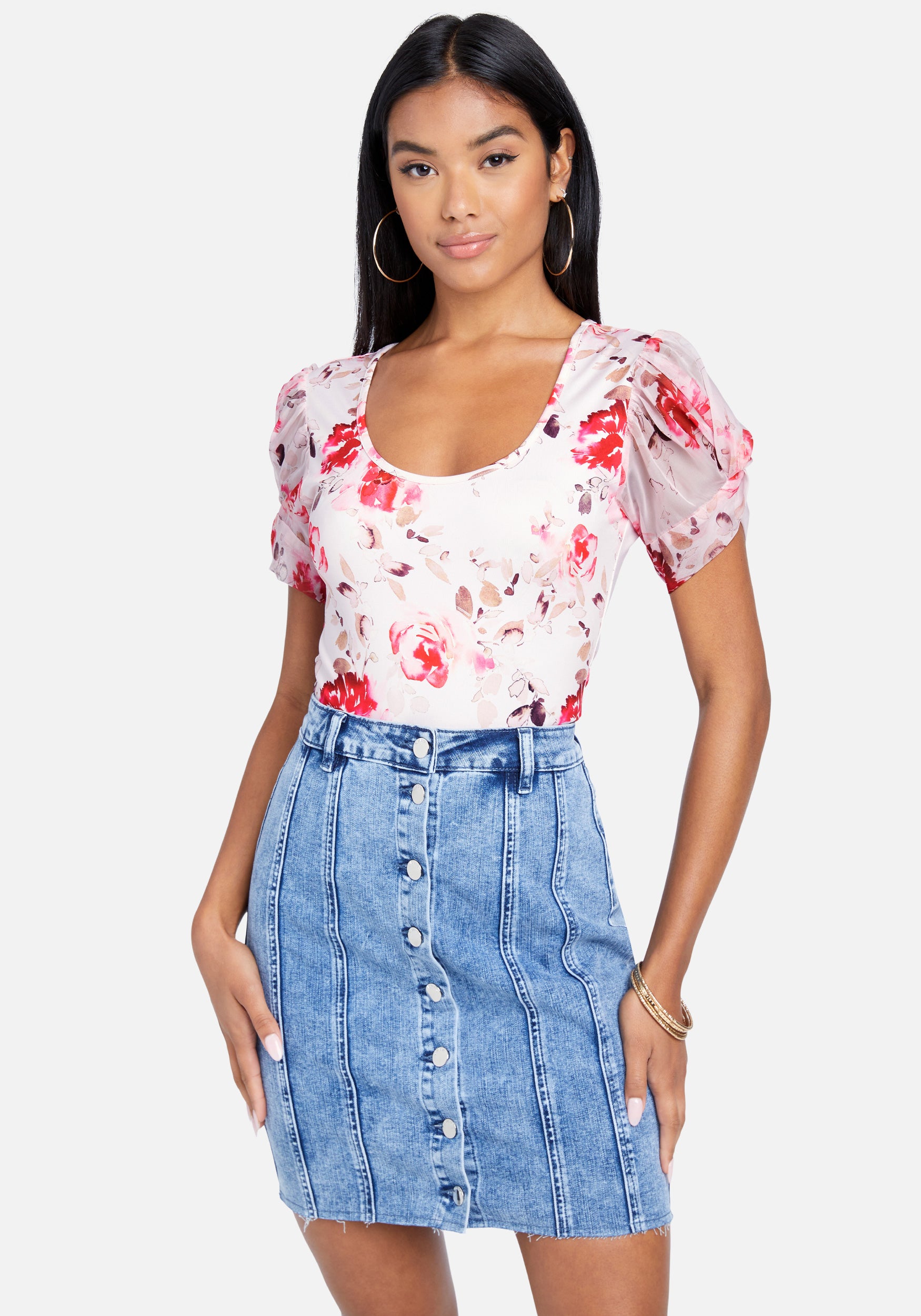 Floral Print Chiffon Sleeve Bodysuit